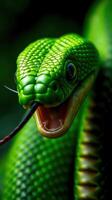 A green snake with its mouth open photo