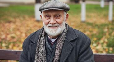 Elderly caucasian male in cozy attire relaxing on a park bench during autumn season photo