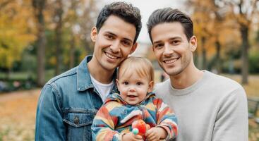 Happy family moment with two young hispanic adults and a toddler in autumn park setting photo