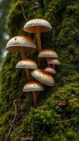 A group of mushrooms growing on a tree trunk photo