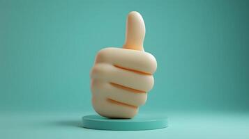 3D cartoon thumbs up gesture in soft plastic toy style, featuring beige hand on green circular background with smooth matte texture and rounded edges. visual photo