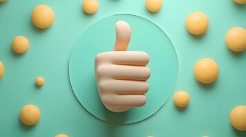 3D cartoon thumbs up gesture in soft plastic toy style, featuring beige hand on green circular background with smooth matte texture and rounded edges. playful photo