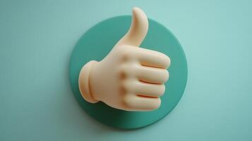 3D cartoon thumbs up gesture in soft plastic toy style, featuring beige hand on green circular background with smooth matte texture and rounded edges. cheerful photo