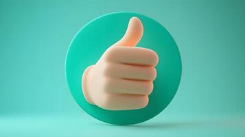 3D cartoon thumbs up gesture in soft plastic toy style, featuring beige hand on green circular background with smooth matte texture and rounded edges. positive photo