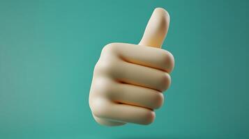 3D cartoon thumbs up gesture in soft plastic toy style, featuring beige hand on green circular background with smooth matte texture and rounded edges. friendly photo