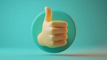 3D cartoon thumbs up gesture in soft plastic toy style, featuring beige hand on green circular background with smooth matte texture and rounded edges. expressive photo