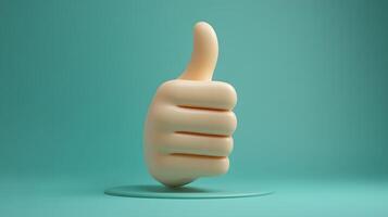 3D cartoon thumbs up gesture in soft plastic toy style, featuring beige hand on green circular background with smooth matte texture and rounded edges. interaction photo