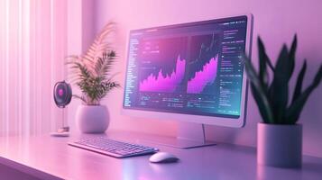 Isometric data visualization workspace with frosted glass effect, featuring holographic gradients and floating UI elements in modern tech dashboard design. application photo