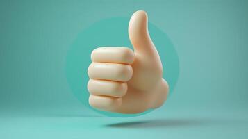 3D cartoon thumbs up gesture in soft plastic toy style, featuring beige hand on green circular background with smooth matte texture and rounded edges. symbol photo