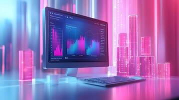 Isometric data visualization workspace with frosted glass effect, featuring holographic gradients and floating UI elements in modern tech dashboard design. workspace photo