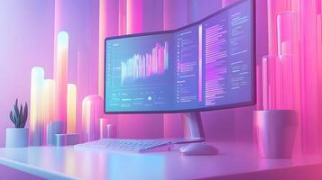 Isometric data visualization workspace with frosted glass effect, featuring holographic gradients and floating UI elements in modern tech dashboard design. integration photo
