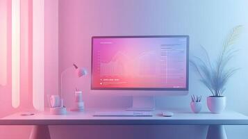 Isometric data visualization workspace with frosted glass effect, featuring holographic gradients and floating UI elements in modern tech dashboard design. visualization photo
