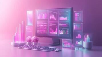 Isometric data visualization workspace with frosted glass effect, featuring holographic gradients and floating UI elements in modern tech dashboard design. data photo