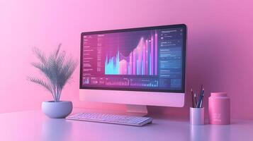 Isometric data visualization workspace with frosted glass effect, featuring holographic gradients and floating UI elements in modern tech dashboard design. gradient photo
