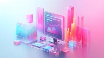 Isometric data visualization workspace with frosted glass effect, featuring holographic gradients and floating UI elements in modern tech dashboard design. dashboard photo