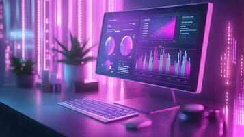 Isometric data visualization workspace with frosted glass effect, featuring holographic gradients and floating UI elements in modern tech dashboard design. holographic photo