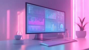 Isometric data visualization workspace with frosted glass effect, featuring holographic gradients and floating UI elements in modern tech dashboard design. elements photo