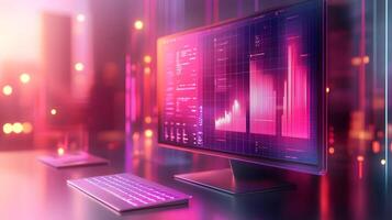 Isometric data visualization workspace with frosted glass effect, featuring holographic gradients and floating UI elements in modern tech dashboard design. technology photo