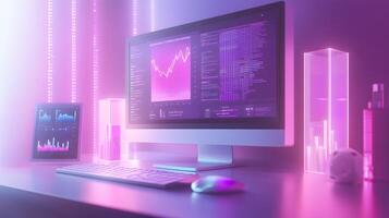 Isometric data visualization workspace with frosted glass effect, featuring holographic gradients and floating UI elements in modern tech dashboard design. design photo