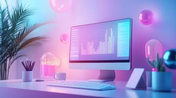 Isometric data visualization workspace with frosted glass effect, featuring holographic gradients and floating UI elements in modern tech dashboard design. modern photo