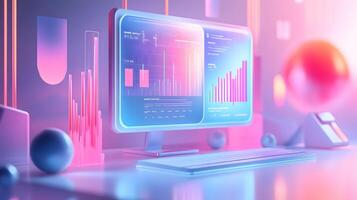 Isometric data visualization workspace with frosted glass effect, featuring holographic gradients and floating UI elements in modern tech dashboard design. innovative photo