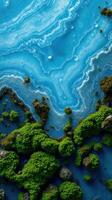 An aerial view of a blue lake with green algae photo