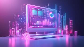 Isometric data visualization workspace with frosted glass effect, featuring holographic gradients and floating UI elements in modern tech dashboard design. creative photo