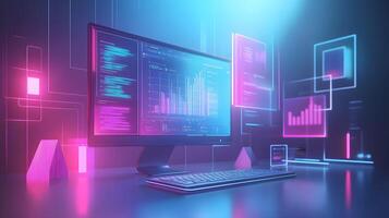 Isometric data visualization workspace with frosted glass effect, featuring holographic gradients and floating UI elements in modern tech dashboard design. technical photo