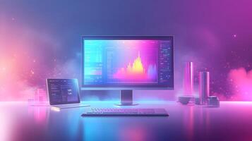 Isometric data visualization workspace with frosted glass effect, featuring holographic gradients and floating UI elements in modern tech dashboard design. professional photo