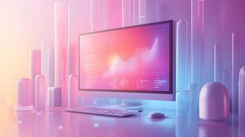 Isometric data visualization workspace with frosted glass effect, featuring holographic gradients and floating UI elements in modern tech dashboard design. digital photo