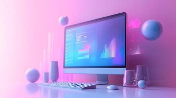 Isometric data visualization workspace with frosted glass effect, featuring holographic gradients and floating UI elements in modern tech dashboard design. computer photo