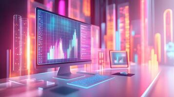 Isometric data visualization workspace with frosted glass effect, featuring holographic gradients and floating UI elements in modern tech dashboard design. electronic photo