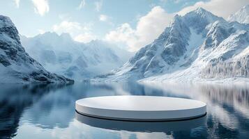 3D white circular platform floating on mountain lake, featuring snow-capped peaks backdrop and perfect mirror reflection in serene winter landscape setting. location photo