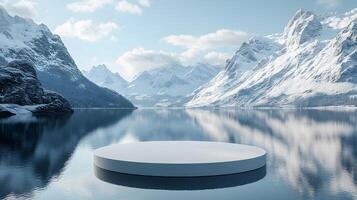 3D white circular platform floating on mountain lake, featuring snow-capped peaks backdrop and perfect mirror reflection in serene winter landscape setting. geography photo