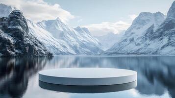 3D white circular platform floating on mountain lake, featuring snow-capped peaks backdrop and perfect mirror reflection in serene winter landscape setting. season photo