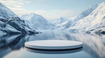 3D white circular platform floating on mountain lake, featuring snow-capped peaks backdrop and perfect mirror reflection in serene winter landscape setting. photography photo