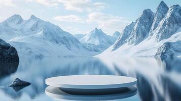 3D white circular platform floating on mountain lake, featuring snow-capped peaks backdrop and perfect mirror reflection in serene winter landscape setting. destination photo