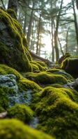 A moss covered rock in the woods photo