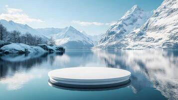 3D white circular platform floating on mountain lake, featuring snow-capped peaks backdrop and perfect mirror reflection in serene winter landscape setting. visualization photo