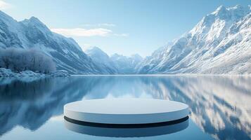 3D white circular platform floating on mountain lake, featuring snow-capped peaks backdrop and perfect mirror reflection in serene winter landscape setting. dimension photo