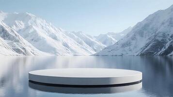 3D white circular platform floating on mountain lake, featuring snow-capped peaks backdrop and perfect mirror reflection in serene winter landscape setting. platform photo