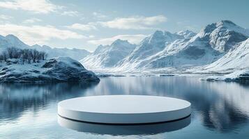 3D white circular platform floating on mountain lake, featuring snow-capped peaks backdrop and perfect mirror reflection in serene winter landscape setting. mountain photo