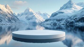 3D white circular platform floating on mountain lake, featuring snow-capped peaks backdrop and perfect mirror reflection in serene winter landscape setting. lake photo