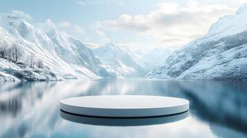 3D white circular platform floating on mountain lake, featuring snow-capped peaks backdrop and perfect mirror reflection in serene winter landscape setting. winter photo