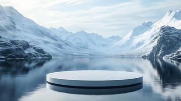 3D white circular platform floating on mountain lake, featuring snow-capped peaks backdrop and perfect mirror reflection in serene winter landscape setting. reflection photo