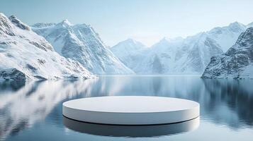 3D white circular platform floating on mountain lake, featuring snow-capped peaks backdrop and perfect mirror reflection in serene winter landscape setting. landscape photo