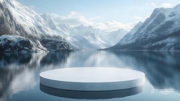 3D white circular platform floating on mountain lake, featuring snow-capped peaks backdrop and perfect mirror reflection in serene winter landscape setting. snow photo