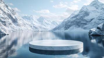 3D white circular platform floating on mountain lake, featuring snow-capped peaks backdrop and perfect mirror reflection in serene winter landscape setting. peaks photo