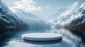 3D white circular platform floating on mountain lake, featuring snow-capped peaks backdrop and perfect mirror reflection in serene winter landscape setting. serene photo