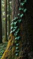 A mossy tree trunk with green leaves growing on it photo